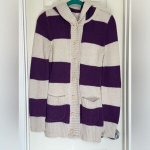 Roxy Purple & Cream Button Up Hooded Stripe Sweater